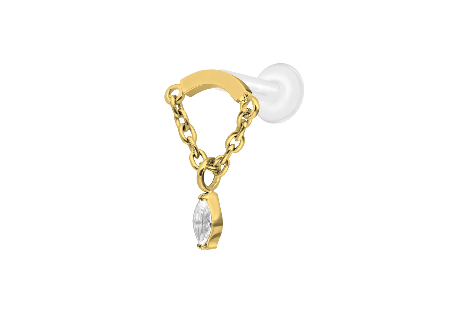 PTFE Labret Piercing mit Innengewinde + Titan-Aufsatz BOGEN + KETTE + KRISTALLTROPFEN
